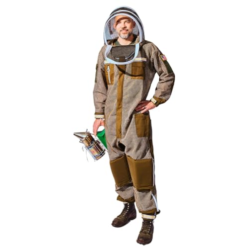 Sting Stopper Beekeeping Suit, Triple Layer Ventilated Bee Clothing in Olive Green with Removable Veil, Fits 4'11