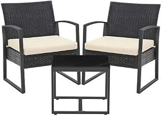 SONGMICS 3-Piece Patio Set Outdoor Patio Furniture Sets, PE Rattan, Outdoor Seating for Bistro Front Porch Balcony, Easy to Assemble, 2 Chairs and 1 Table, Black and Beige GGF010M02