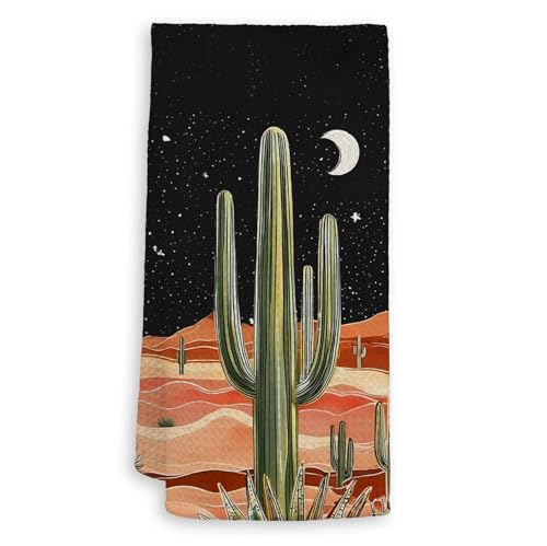 HIWX Boho Western Kitchen Towels, Southwestern Cactus Desert Night Landscape Decorative Kitchen Dish Towels, Boho West Hand Towel for Bathroom Decor, Western Bathroom Decor, 16x24 Inches