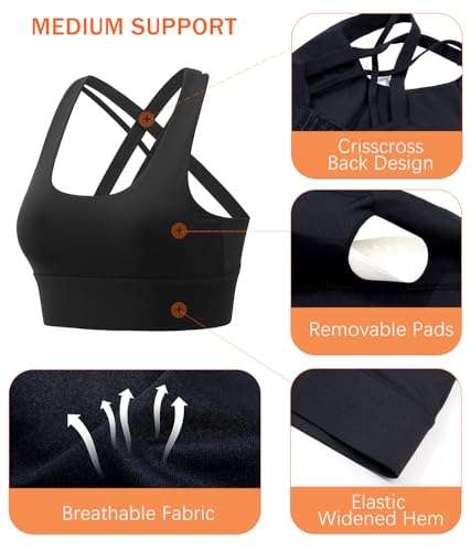 Sports Bras for Women, Criss-Cross Back, Adjustable Wire-Free Medium Support Workout Bra with Removable Cups3
