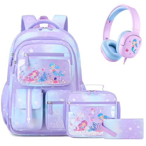ACESAK 4PCS Mermaid Backpack for Girls with Lunch Bag & Headphones,Purple