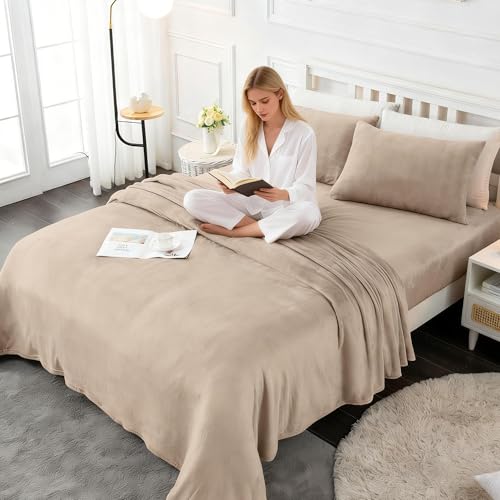 Image of Viviland Plush Micro Fleece Bed Sheet Set - Soft Fuzzy Polar Fleece Velour Velvet Sheets - Extra Warm Winter Fleece Bed Sheets with 15 inch Deep Pocket - Sand /Beige - King | Soft Flannel-like Fleece, 100% Polyester, Fluffy Velvety Feel, 200GSM, 15 inch Deep Pocket, Warm Winter Gift & Decor