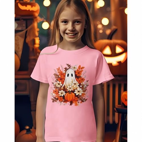 Girls Halloween Ghost T Shirt Pumpkin Floral Graphic Tee Tops Kids Spooky Season Casual Short Sleeve Shirt3