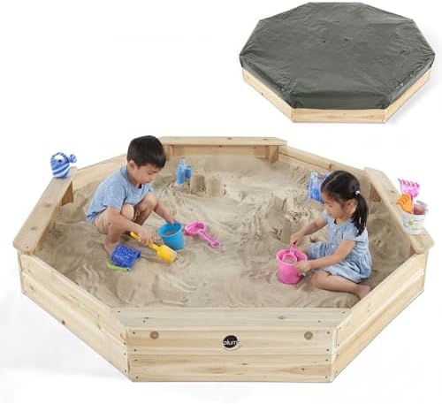 Plum Wooden Large Sandbox with Cover – Outdoor Octagon Sand Box for Kids, Toddler Sensory Toys, Outdoor Wooden Sand Pit with Seat Boards and Bottom Liner, Weatherproof, Easy Assembly, Ages 3+ Years