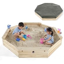 Plum Wooden Large Sandbox with Cover - Outdoor Octagon Sand Box for Kids, Toddler Sensory Toys, Outdoor Wooden Sand Pit with Seat Boards and Bottom Liner, Weatherproof, Easy Assembly, Ages 3+ Years