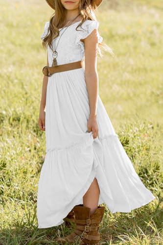 Image of MITILLY Girls Lace Flower Ruffle Sleeve A-Line Swing Wedding Party Maxi Dress with Pockets