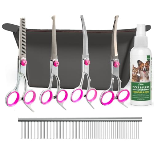 Image of V1 Dog Grooming Kit | 7 Piece Stainless Steel Pet Grooming Set | Thinning Straight Up Curved Down Curved Fish Mouth Scissors | 2 in 1 Steel Comb | Anti Tick Flea Spray 100 ml | Carry Bag