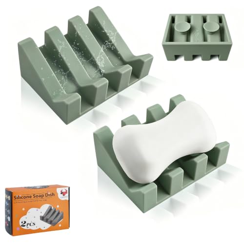 Coipdfty Soap Dish Holder for Shower with Suction Cup, Silicone Soap Holder & Saver Self-Draining Bar Soap Dish Keeps Soap Dry for Bathroom, Kitchen, Bathtub (Green,2-Pack)