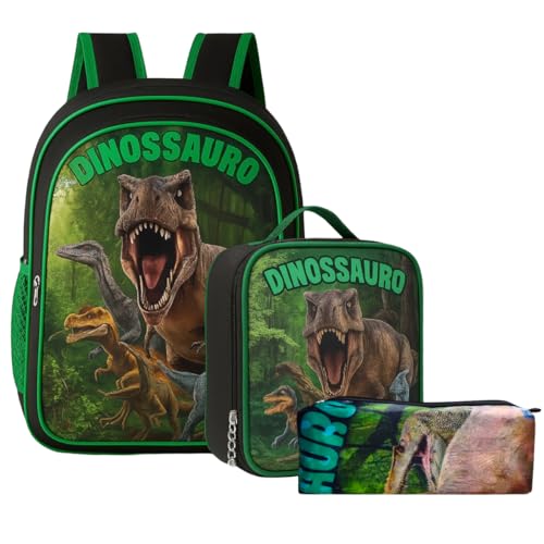 Kit Mochila Masculina Dinossauro Infantil escolar Passeio + Lancheira Termica e Estojo