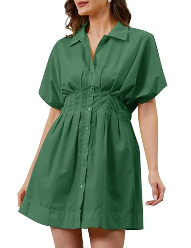 Image of Women Button Down Pleated Shirt Dress Summer Short Sleeve Blouse Striped Print Corset Mini Dresses
