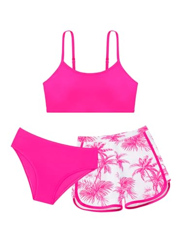 Image of Girls Swimsuit 3 Piece Bathing Suit Printed Sport Bikini Set with Shorts Summer Beach Swimwear for Teen Girls 9-16T