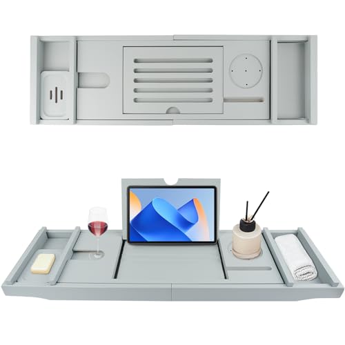 Bathtub Tray Caddy,Bamboo Bathroom Accessories,Expandable Bath Tray,Can be Placed Book and Integrated Tablet Smartphone and Wine Holder,Relaxing Gifts for Women(Light Grey)