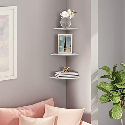 Keenso 3-Pack Rustic Wood Corner Floating Shelf Set, Wall Mount, L-Shape, Cord Management, 15 lbs Weight Capacity, Modern & Bathroom Style