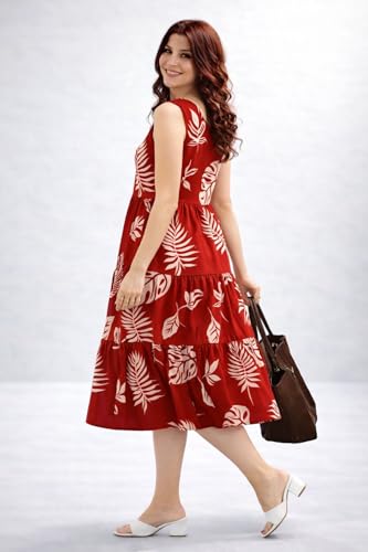 Image of Women Printed Midi Dress V-Neck Short Sleevless Maroon Pattern A-Line Dress