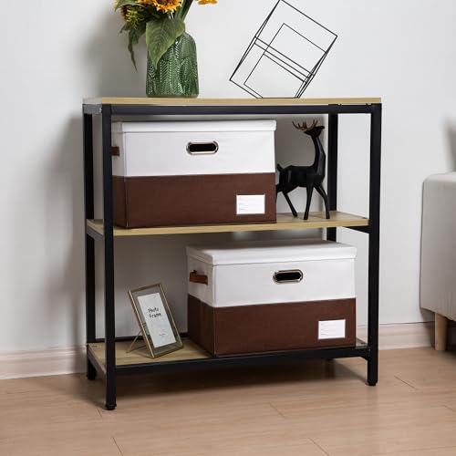 Image of PRANDOM Foldable Storage Bins with Lids [3-Pack] Fabric Collapsible Storage Boxes Baskets Cubes Containers with Handles for Closet Living Room Bedroom (Brown & White 17.7x11.8x11.8'')
