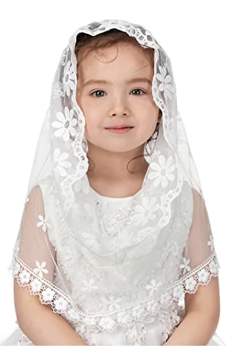 PAMOR Infinity First Communion Veils for Girls Lace Chapel Veil Mantilla Veils Latin Lass Church Veil for Catholic Baptism (White F)