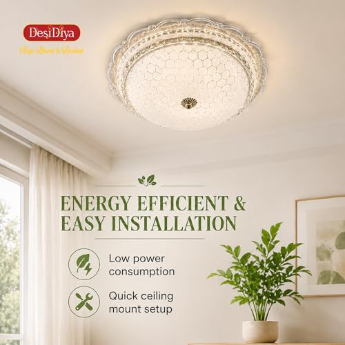 Image of Desidiya LED Modern Round Chandelier for Living Room Ceiling Crystal Ceiling Light Lamp | Jhummar Lighting for Bedroom, Pendant Lighting for Hall, Living & Dining, Multicolour (300MM)