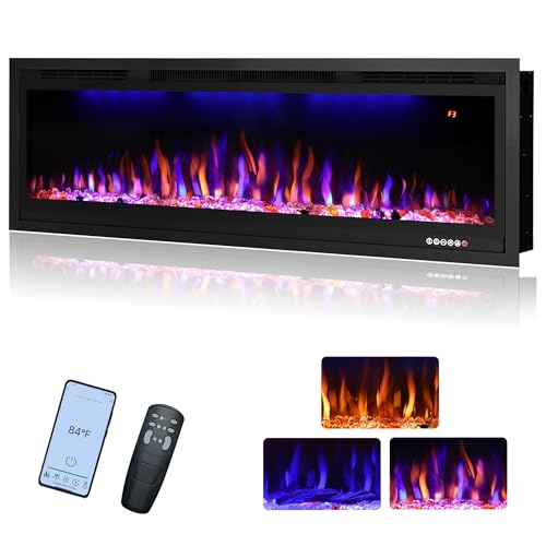 Rodalflame 50" WiFi-Enabled Electric Fireplace Insert, APP Smart Control, Wall Mounted&Recessed Linear Fireplace Heater with Thermostat, Flame&Top Lights, Log&Crystal, Timer
