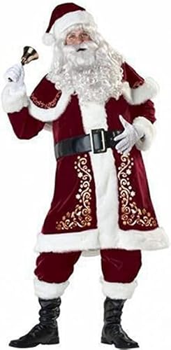 Jultomtekostym för män 8 st vuxen julset deluxe sammet vuxen tomtedräkt juloutfit cosplay kostym med jultomten hatt + bälte + sjal + topp + byxor + handskar + skoskydd + skägg (storlek: XXXXL)