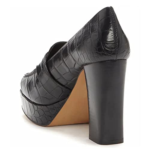 FOWT Women Chunky Heel Loafer, Stylish Square Toe High Heel Shoes, Slip-on Crocodile-Textured Black Pumps, Platform Office Loafer Ladies, Full Size 4-16 M US3