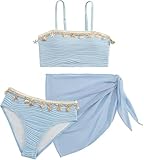 3 Teilig Mädchen Teenager Bikini Sommer Muscheldekorationen Bikinihose Set mit Rock Sommer Tankini Schwimmanzug