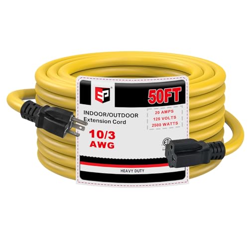 EP 50 Ft 10 Gauge Outdoor Extension Cord with T-Blade Plug, Heavy Duty NEMA 5-20 P/R Power Cord, 20A 250V 10/3 STW Cable for Lawn, Garden, Appliance, Yellow