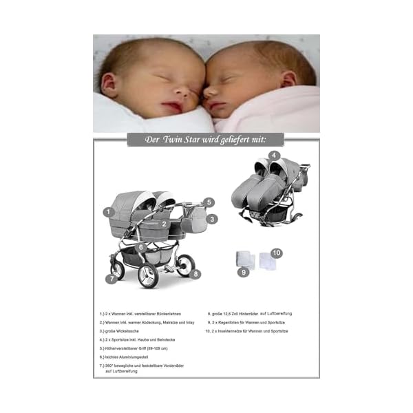 Zwillingskinderwagen 2 in 1 Twin Star inkl. Sportsitze - 10 Teile - in 16 Farben
