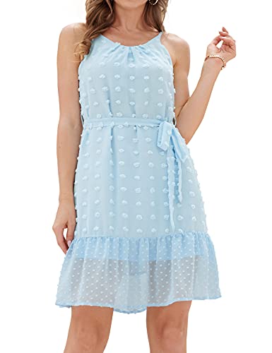 GRACE KARIN Women s Spaghetti Strap Dress Tied Waist Swiss Dot A line Mini Dress Summer Casual Flowy Dress Blue
