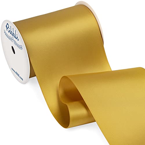 Ribbli Gold Satin Ribbon 4 Inch Wide Gold Ribbon for Wedding Chair Sash Grand Opening Ceremony Big Bows Gift Wrapping Floral Crafts Cake Decor-Double Faced Satin Continuous 10 Yards