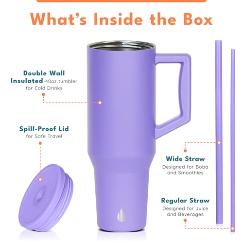 Image of Elemental Spill Proof 40oz Insulated Tumbler with Handle & Straw Travel Mug | Stainless Steel Commuter Travel Coffee Mug for Cold Beverages, Includes 2 Straws & a Spill Proof Lid for Everyday Use