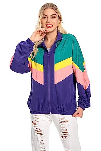 Seaehey Chaqueta de los 80, chaqueta de entrenamiento, traje de campo retro para mujer, traje de campo, ropa deportiva, abrigo colorido, hip-hop disco, atuendo de los 80 y 90, fiesta temática de