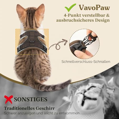 VavoPaw Katzengeschirr mit Leine Ausbruchsicher, Verstellbar Katze Brustgeschirr mit Reflektierend Streifen & Atmungsaktiv Netzgewebe, Weich Haustier Geschirr für Katzen Kätzchen Welpen, M Kaffee