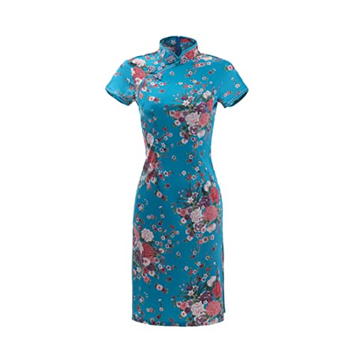 Mini robe chinoise satinée bleu lac taille XL avec col mandarin