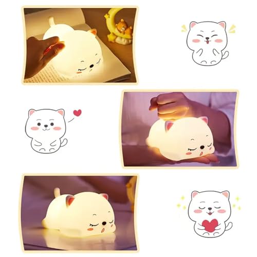 Image of GITGRNTH Rechargeable Silicone Cat Night Light for Kids | Kawaii Cat Lamp Tap and Touch Color-Changing LED Lamp |Adorable Room Decor & Gift for Toddlers, Teens (Cat Light Lamp, Regular), White