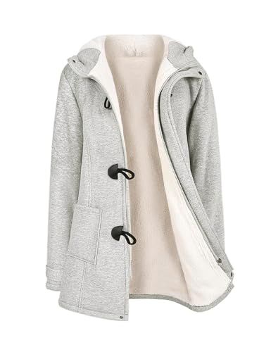 Vancavoo Wintermantel Damen Warm Winterjacke Elegant Plüsch Jacken Mantel Winter Fleece Hoodie Coat Kapuzenjacke,Hellgrau,L