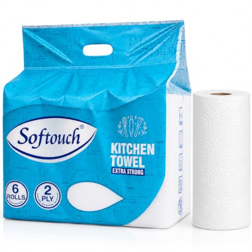 Image of Softouch Kitchen Towel Paper Roll - 2 Ply Tissue Paper Roll, 390 Pulls, 6 Rolls x 65 Sheets, Soft & Absorbent Virgin Cellulose Towels for Kitchen Cleaning