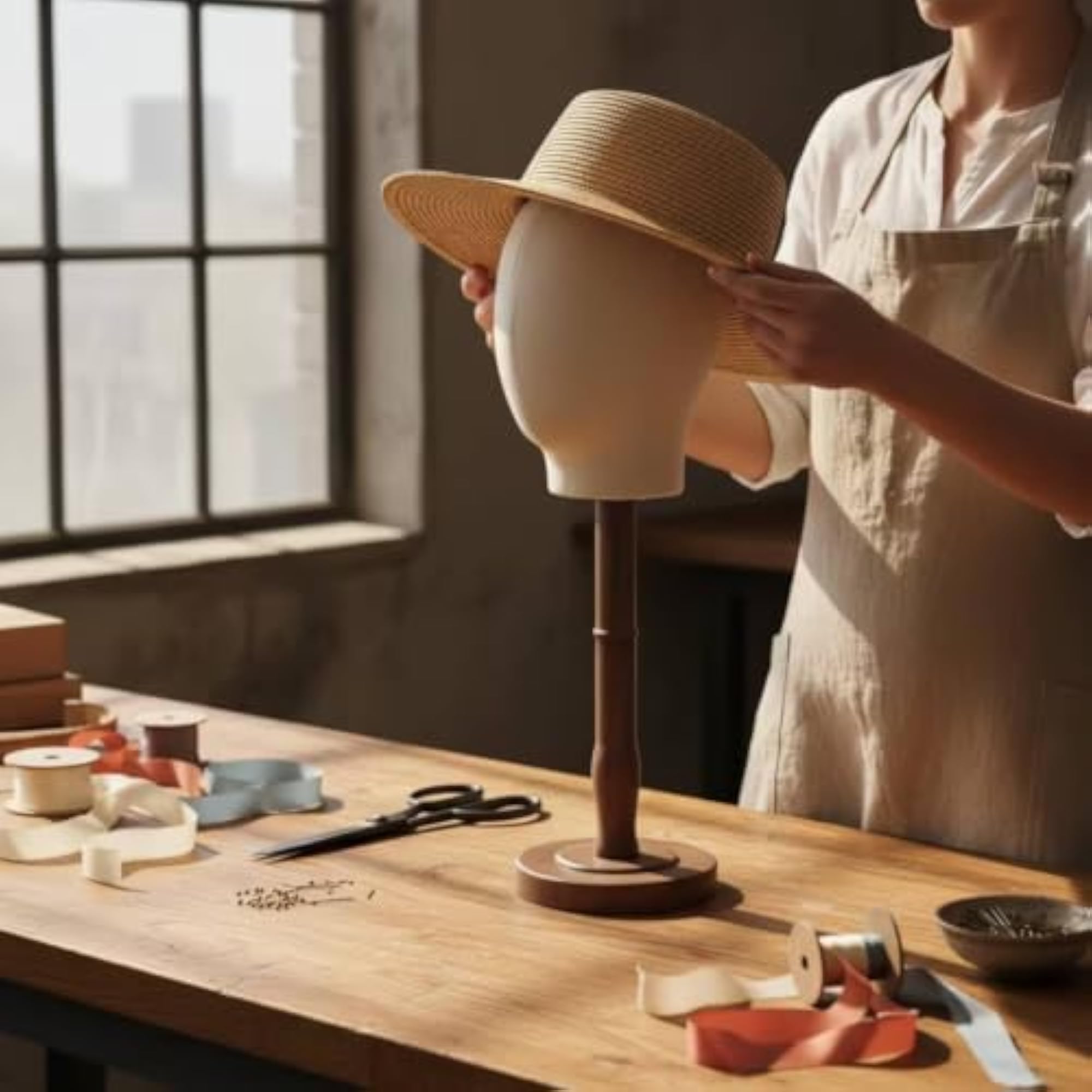 Pin-Insertable Hat Display Stand with Wooden Base