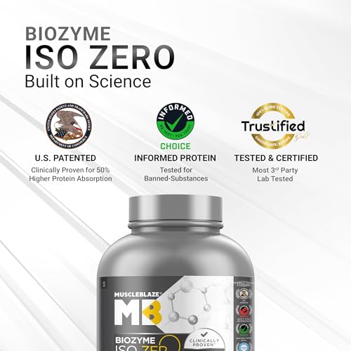 Image of MuscleBlaze Biozyme Iso-Zero Whey Protein Isolate Powder, 2kg (4.4lbs) | Cookies & Cream | 27g Whey Protein Per Scoop | USA Patent-Published Enhanced Absorption Formula (EAF)