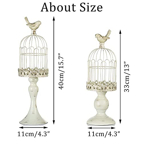 Decorative Candle Holder Bird Cage - Set Of 2 Cage Lanterns For Candleholder Shabby Chic Country Home Decoration Table Centerpiece Mantel Decor, 13’’/16’’ Tall, Distressed Ivory #TOP4