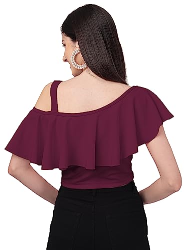 Image of Mehrang Women's Casual Solid Flared Crop Top Round Neck Stretchable Blend for Women /Top for Girls