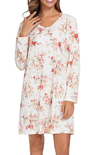 Image of Kabento 2 Pack Long Sleeve Nightgowns for Women Soft Cotton Night Gowns Sleepwear V Neck Nightshirts