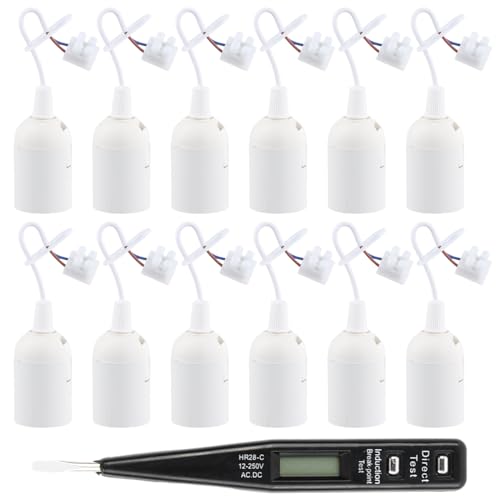 Jinlaili 12 PCS Casquillos E27, Portalamparas E27 Adaptador de Bombillas E27, Casquillos para Bombillas E27, Bases de lámpara E27 con cable y terminal, Probador de voltaje, Soporte de Lámpara (Blanco)
