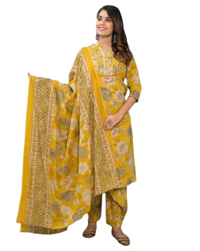 Liva Fashion Indian Women's Pure Cotton Printed Straight Kurta with Afghani Pant & Dupatta (BANHI YELLOW-JP60-LF-VKS01_XL_YELLOW_X-Large)