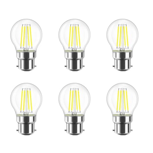 Huamu - Bombilla LED (4 W, filamento de Bayonnate, G45, B22, 6500 K, color blanco frío, 400 lúmenes, bombilla vintage, no regulable, lote de 6 unidades)