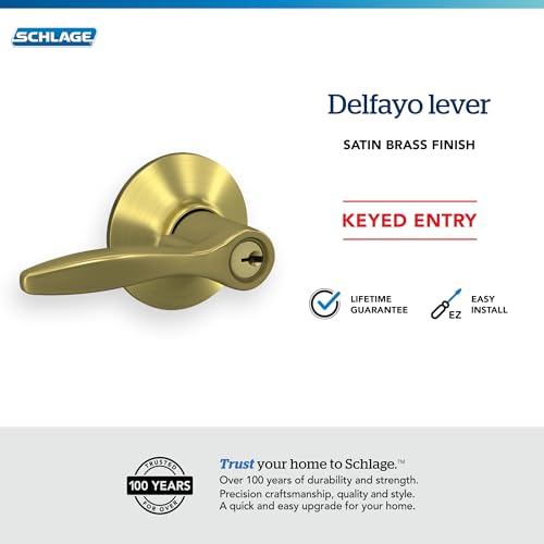 Image of Schlage F51A DEL 608 Delfayo Door Lever with Standard Trim, Keyed Entry Lock, Satin Brass
