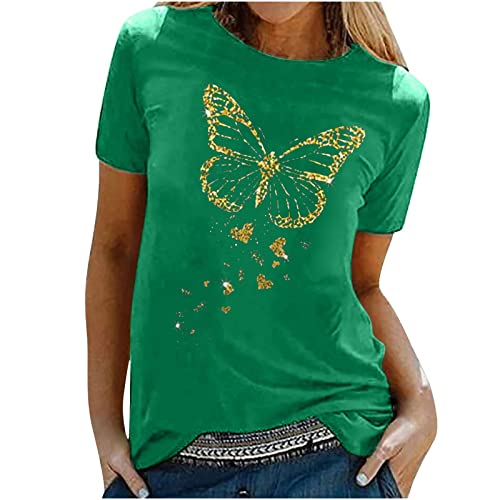 Tshirt Damen Oberteile mit Gold Schmetterlings Print Rundhals Kurzarm Bluse...