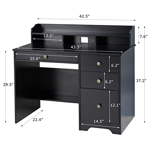 Computer Desk With 4 Storage Drawers And Hutch Shelf, Wood Frame Home Office Desk With Wide Tabletop, Industrial Vintage Style Executive Desk Writing Study Table Pc Desk, Black #TOP7