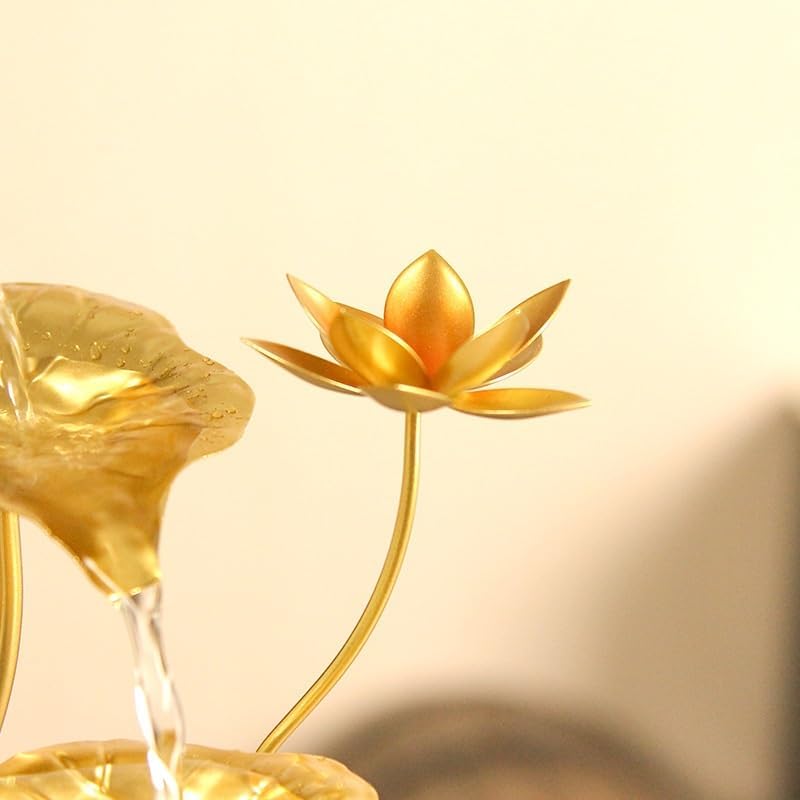 Zen Tabletop Fountain Fish Tank Decor with LED Light, Flowing Water Lotus Bowl, Indoor Desktop Water Feature with 5 Free Crystals