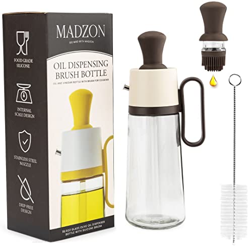 Image of MADZON 3-in-1 Olive Oil Dispenser Bottle for Kitchen with Brush and Straw Cleaner. Pour, Drizzle or Brush Vinegar, Soy Sauce and Cooking Oil Container. 18.6oz Glass Oil Cruet/Leakproof Spout (Brown)