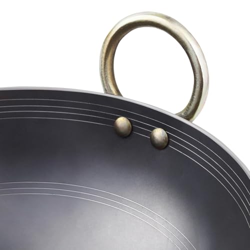 Image of VISMAY'S 1 Litre 9.5 Inch Food Grade Iron Kadhai Wok Frypan Lohe ki Kadai Smooth Edges Riveted Handles Deep Frying, Roasting Metal Spoon Friendly Traditional Indian Cooking Durable Kitchen Cookware